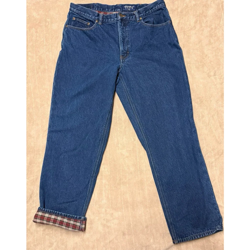 Men's Eddie Bauer Blue Plaid Lined Straight Jeans 38x32
